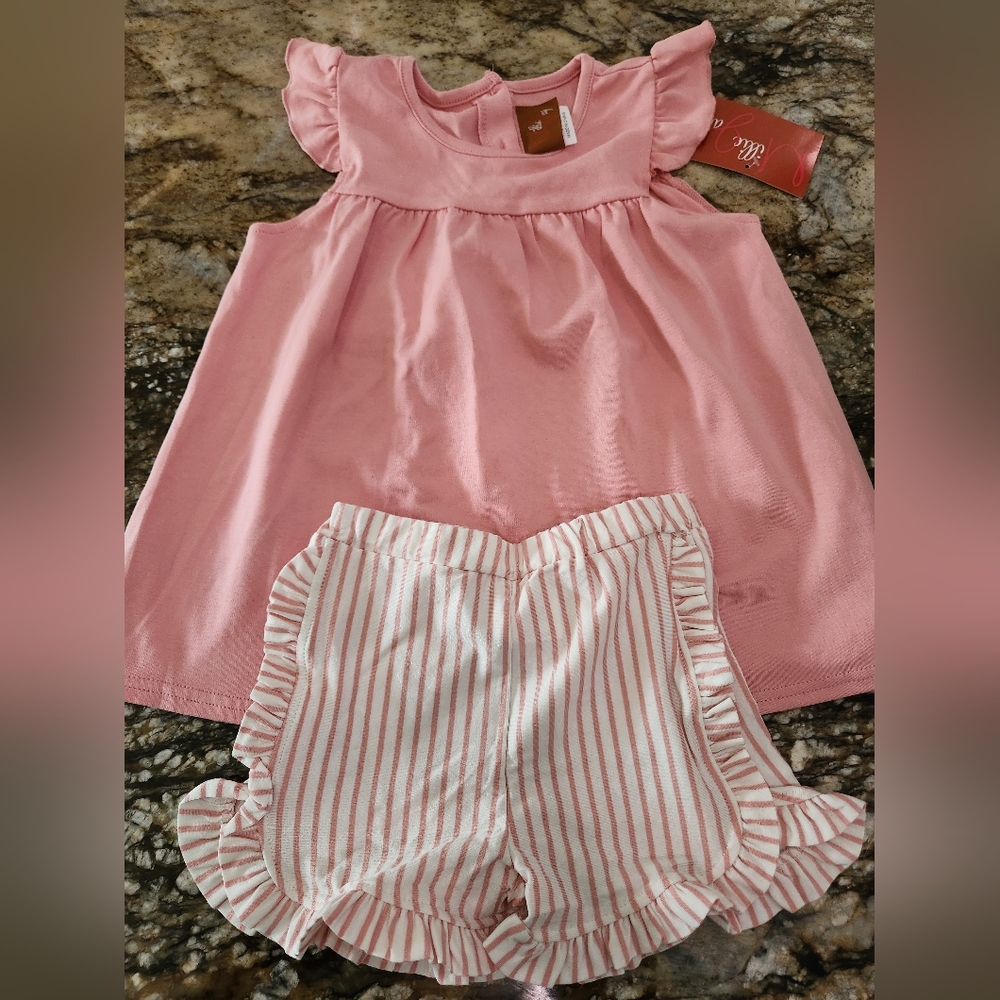 Pink Ruffle Top and Striped Shorts Set